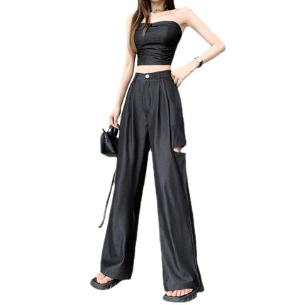 Hong Kong style thin Denim suit women's summer new fashion tube top + high waist wide leg ripped mop pants
