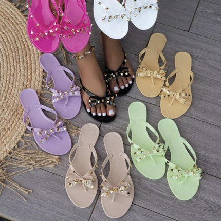 New Foreign Trade Rivet Shoes Bow Flip-Flops Summer Out Beach Flat Transparent Jelly Jelly Slippers