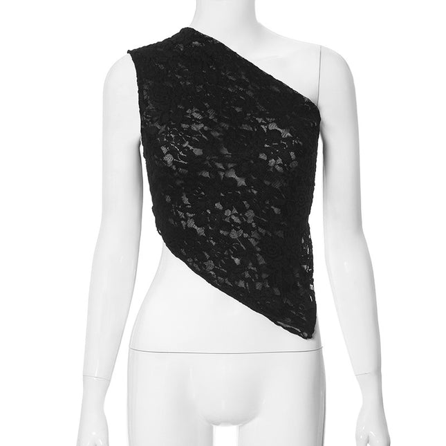 M23Tp740 European and American Clothing 2024 Amazon New Pure Color Exposed Waist Asymmetric Slope Collar Top Cross-Border Wholesale