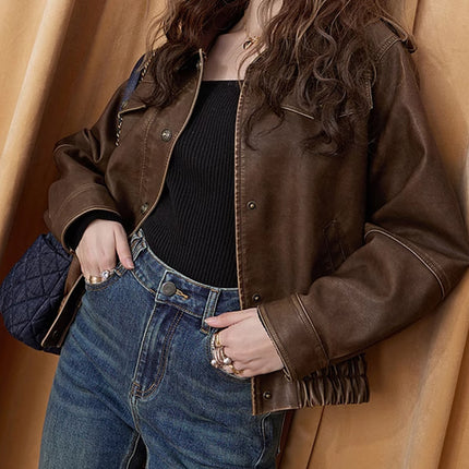 Maillard Leather Coat Women's 2024 Autumn New Fashion American Retro Tooling Elegant Short Coat