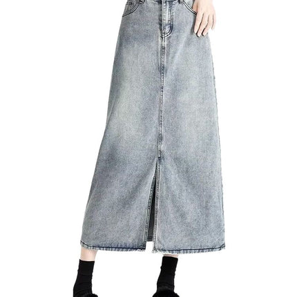 2023 new light blue thin denim skirt high waist A- line mid-length front slit hip skirt Denim skirt