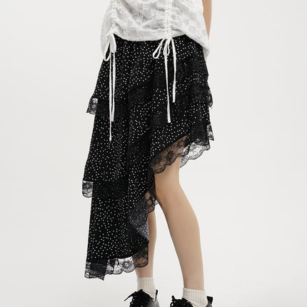 Yamamoto Summer French Style Irregular Wave Dot Skirt High Waist Lace Slant Hem Design Midi Dress