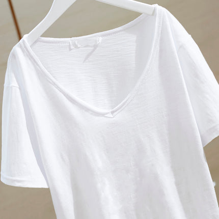 V-neck T-shirt Women's Cotton 2025 White Cartoon Short-sleeved regular Loose Printed Commuting Solid Color Base Shirt Trendy