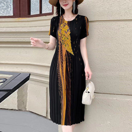 Miyake pleated 2025 summer new temperament round neck printed pleated skirt fashion waist thin magic dress