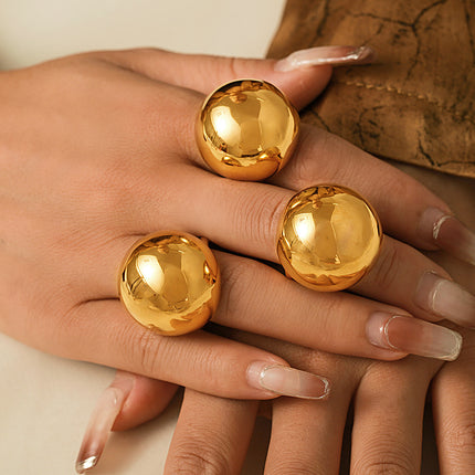 French retro chubby spherical ring personality exaggerated design stainless steel plated 18k real gold ring wholesale
