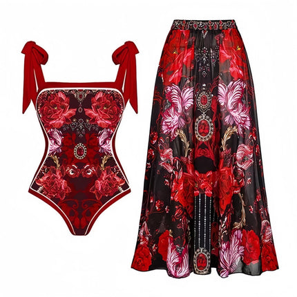 2024 European and American Foreign trade new conservative sunscreen swimsuit women's Amazon AliExpress vintage printed gauze skirt bikini