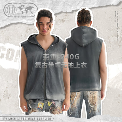 ETAI Men's Wear | American Retro Cardigan with Hat Heavy Sleeveless Top high quality Washed Spray Monkey Scattered T-Shirt