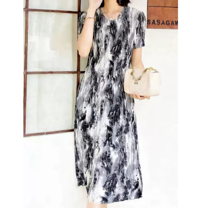 Miyake pleated 2025 summer new temperament round neck printed pleated skirt fashion waist thin magic dress