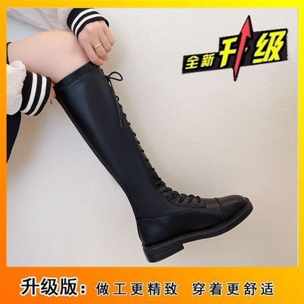 Over-The-Knee High Boots 2025 Autumn and Winter New Style Handsome Knight Boots Round Toe Lace-Up Elastic Fleece-Lined Boots Riding Boots