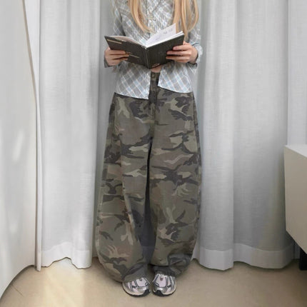 Fansiyu 2025 Summer New American Retro Camouflage Work Jeans Women's High-Waisted Loose Wide-Leg Floor-Length Pants