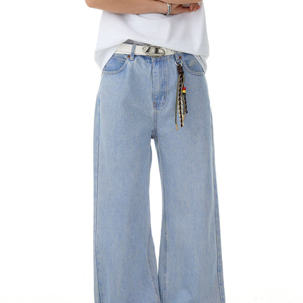 11Kn American Retro Washed Jeans for Men and Women, Loose Straight Wide-Leg Pants, Slimming Trendy Light Blue Casual Long Pants