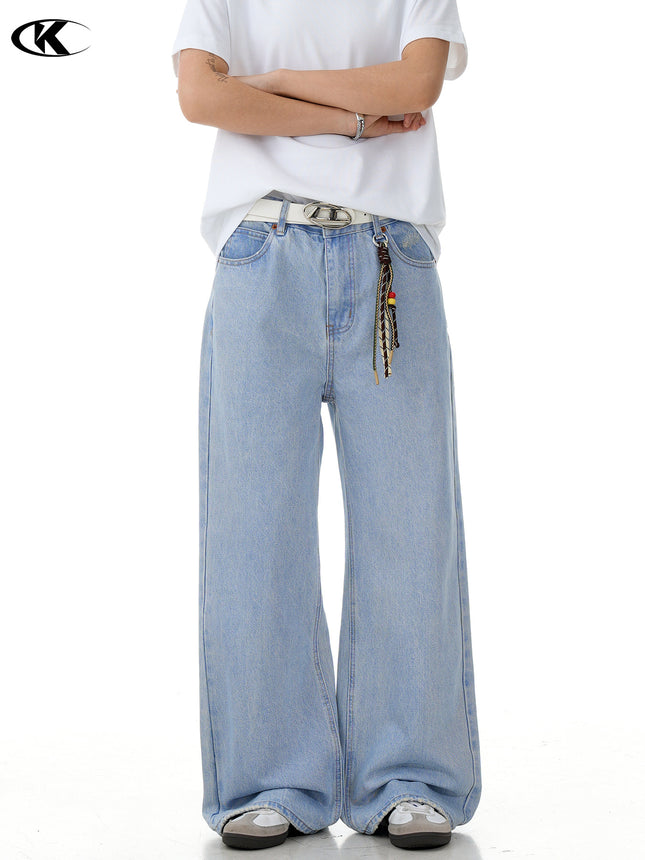 11Kn American Retro Washed Jeans for Men and Women, Loose Straight Wide-Leg Pants, Slimming Trendy Light Blue Casual Long Pants