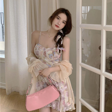 Plus size women's clothing fresh super fairy floral strap dress spring and summer waist-tight short skirt sun protection clothing two-piece suit