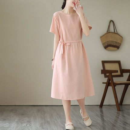 2024 Summer new Korean style organ pleated solid color round neck short sleeve midi dress women's loose slimming cotton and linen dress