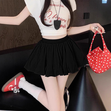 French-Style Color-Blocking Floral Bud Skirt for Women, Summer Petite Gray Plaid Short Skirt, Anti-Exposure A-Line Puffy Skirt