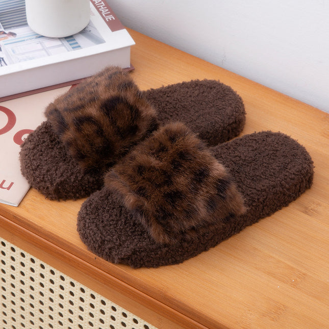 2025 Autumn and Winter Furry Slippers, Leopard Print, Retro Fashion, Home Lazy Soft Sole, Comfortable Home Slippers