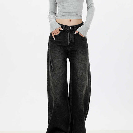 Vintage Washed Black Wide-Leg Jeans for Women 2025 Autumn Loose Design Slimming Straight Floor-Length Pants