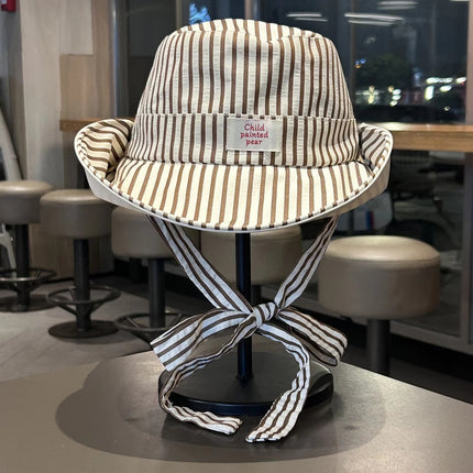 Korean Style Striped Fisherman Hat for Women, Summer Wide-Brim Sun Protection Webbing Fashion Sun Hat for Outdoor Hiking Camping Mountaineering