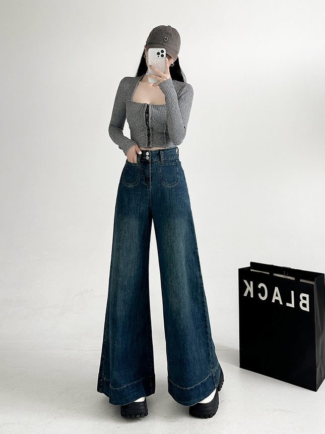 Stretch Retro Large Wide Leg Horn Jeans Women's 2024 Autumn New Loose Elegant All-match Mop Pants