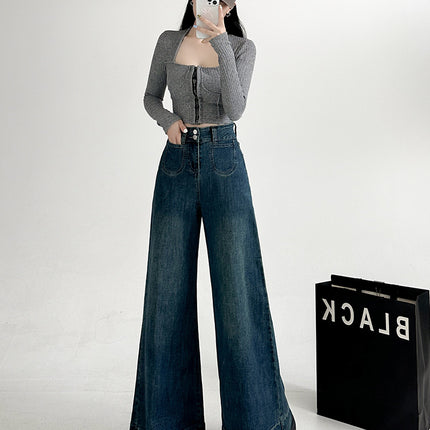 Stretch Retro Large Wide Leg Horn Jeans Women's 2024 Autumn New Loose Elegant All-match Mop Pants
