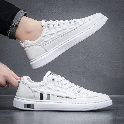 Men's Sneakers, White Shoes, Crocodile Pattern Leather Shoes, 2021 Autumn New Style, Versatile Casual Shoes, Soft-Soled Trendy Shoes