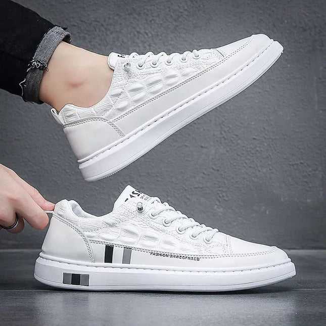 Men's Sneakers, White Shoes, Crocodile Pattern Leather Shoes, 2021 Autumn New Style, Versatile Casual Shoes, Soft-Soled Trendy Shoes