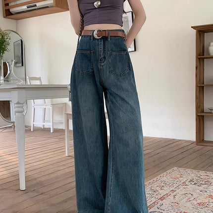 Pear-Shaped Figure Wide-Leg Jeans for Women, Autumn Plus-Size Retro High-Waisted Loose Slimming Straight Pants