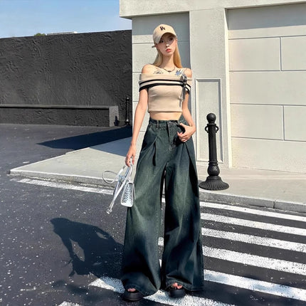 Vintage Niche Loose Drape Wide-Leg Jeans for Women Spring New Design Distressed Versatile Floor-Length Pants