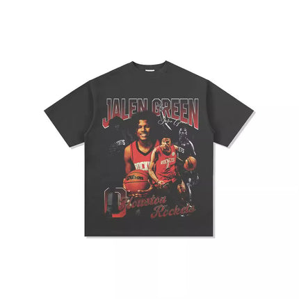 Jalen Green American Printed Long-Sleeved Short-Sleeved T-Shirt Washed and Distressed Heavy Loose Men's Clothing