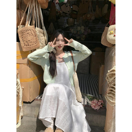 Fresh Honeydew Green Long-Sleeved Knitted Cardigan for Women 2025 Early Spring New Elegant Versatile Round Neck Top