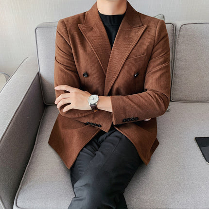 2025 New Corduroy Suit Men's Light Mature Business Double-breasted Striped Velvet Cloth Lunch Single Western Top Suit