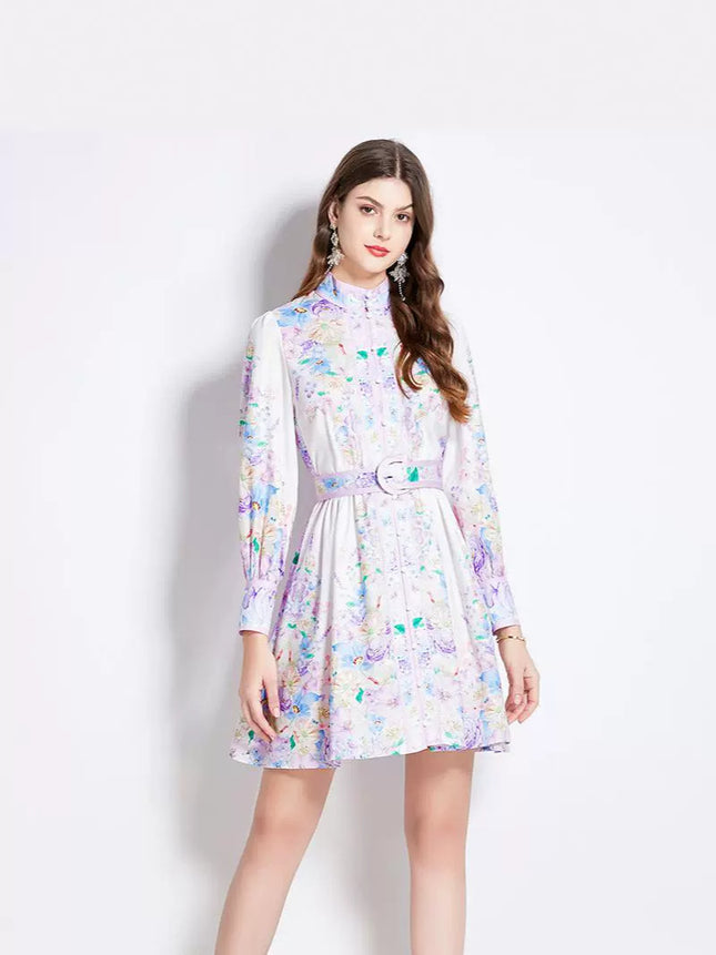 Royal sister fan cross-border 2024 early spring retro court style stand collar single-breasted lantern sleeve waist slimming dress