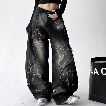 American Retro Raw Edge Embroidered Washed Scimitar Jeans Autumn Men's and Women's Street Loose Wide-Leg Floor-Length Pants