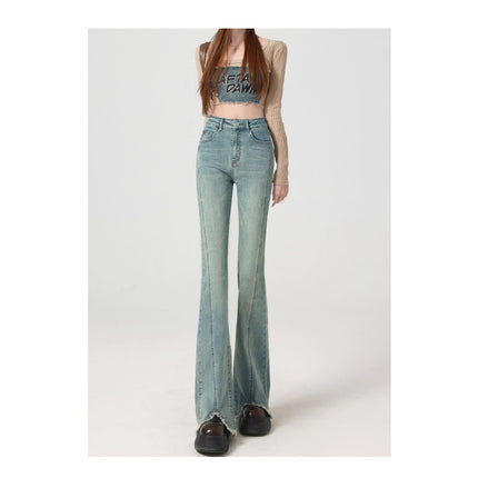 Retro Raw Edge Micro-Flared Jeans for Women Plus Size High Waist Petite Slim Slim Floor-Length Trousers