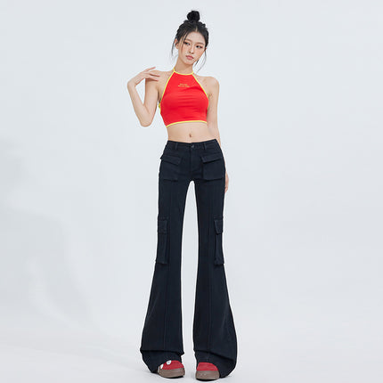 Bumi House# Factory Direct Tannin Color Micro-La Jeans Women's American Retro Fashion High-end Sense Low Waist Cute Pants