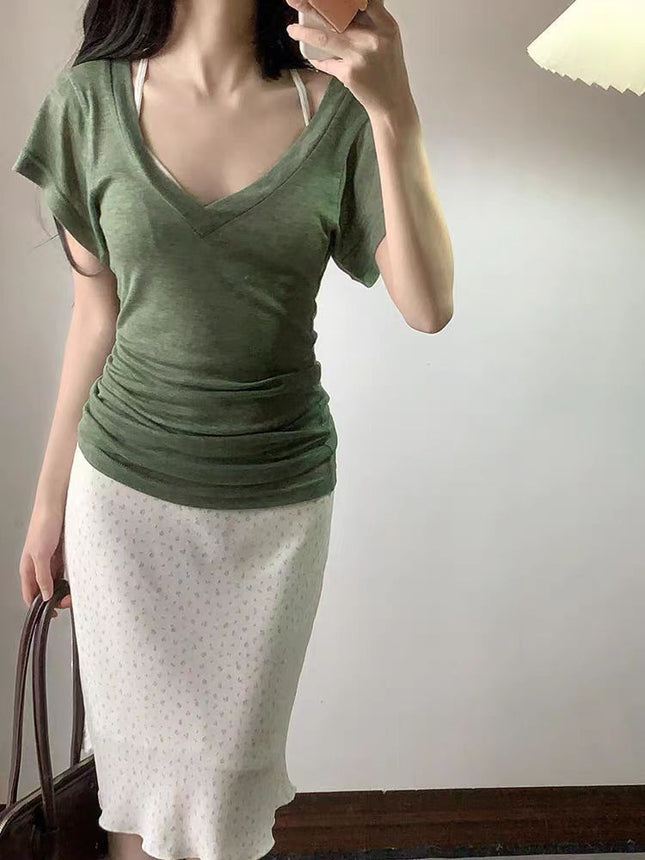 Tencel Threaded Elegant Retro V-Neck Green Short-Sleeved T-Shirt for Women Summer New Relaxed, Fashionable and Elegant Pure Desire Top