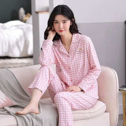 100% Pure Cotton Pajamas Women's Spring and Autumn Long Sleeve Large Size Cardigan Set for Middle-aged and Elderly Women Home Clothes