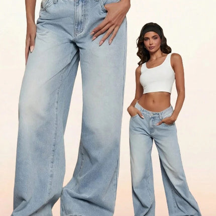 KEL American New Style Mop Jeans Women's Low Waist Wide Leg Pants Retro Washed Blue Slim Gods Pants Spring
