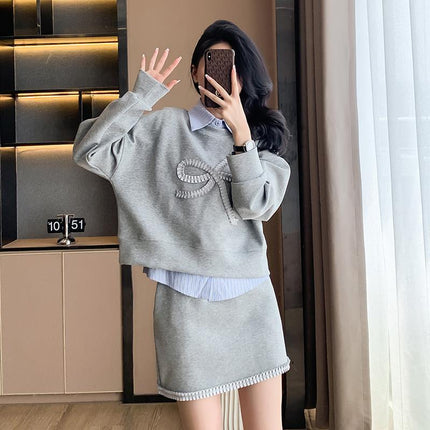 Real Shot Lazy Style Loose Sweater Spring and Autumn Inner Shirt Design Sense Short Top Small Half Skirt Three-Piece Set