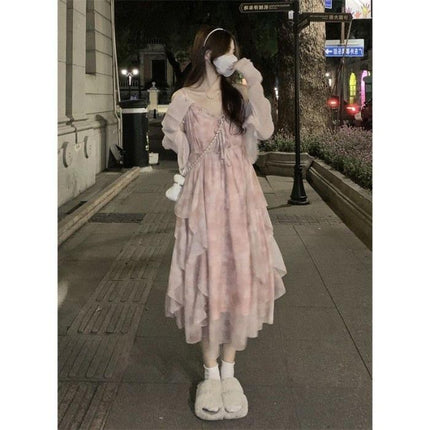 Pink floral gentle style suspender skirt cardigan two-piece set little fairy dress Mori first love skirt suit
