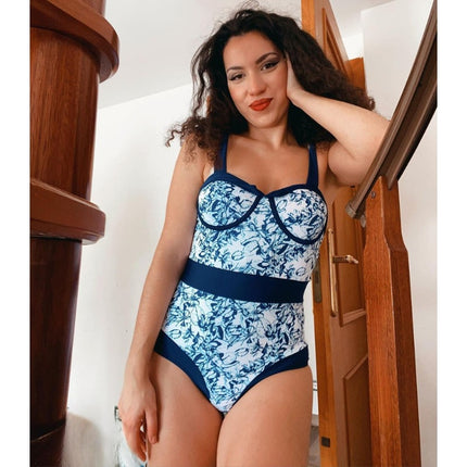 2024 Europe and the United States new one-piece swimsuit lace-up color contrast printed one-piece swimsuit cross-border explosion 2368