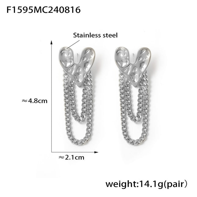 Temperament European and American karst heart-shaped earrings women's retro personality hammer love tassel chain stainless steel earrings wholesale