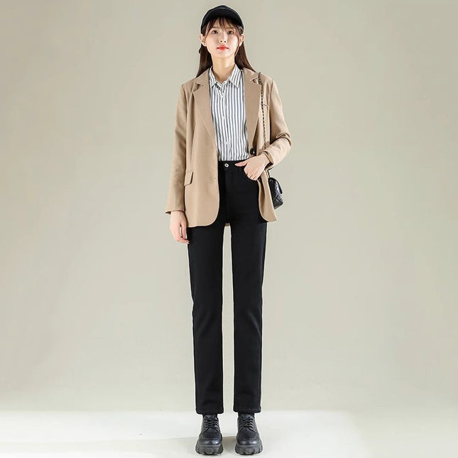 fleece-lined Thickened High Waist Wide Leg Jeans Women's Autumn and Winter Fashion All-match New Loose Narrow Edition Straight Pipe Trousers