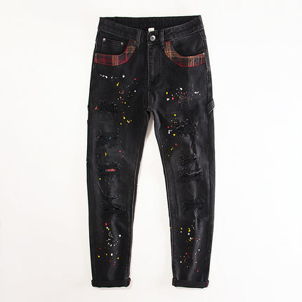 European Station Ripped Patch Splash Ink Black Jeans Men's Slim Fit Small Feet Elastic Spray Paint Design Sense Trendy Brand