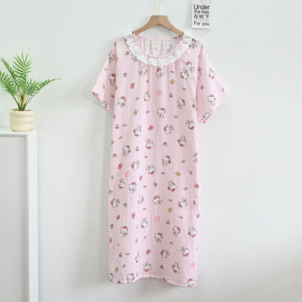 Summer Baby Cotton Gauze Short-Sleeved Thin Nightgown for Women Cartoon Lace Round Neck Breathable Cotton Home Clothes Can Be Worn Outside