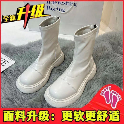 New Products, New Small Leather Boots for Women, Thick-Soled Outer Wear, New Mid-Calf Boots, 2025 Spring & Fall New Round-Toe Back Zipper Short Boots
