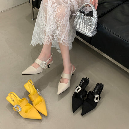 Thin-Heeled High-Heeled Shoes Niche Design Women's Shoes 2025 Spring and Summer New Rhinestone Square Buckle Toe-Back Sandals Shallow Mouth Flats