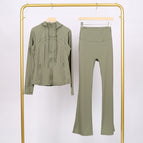Moss green hooded jacket and bell-bottom pants suit / 2/S