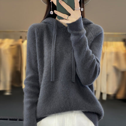 First-line clothing pure wool 2025 spring new women's short solid color hoodie pullover base sweater sweater