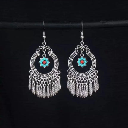 Bohemian Turquoise Earrings European and American Retro Owl Geometric Dreamcatcher Feather Tassel Earrings Women